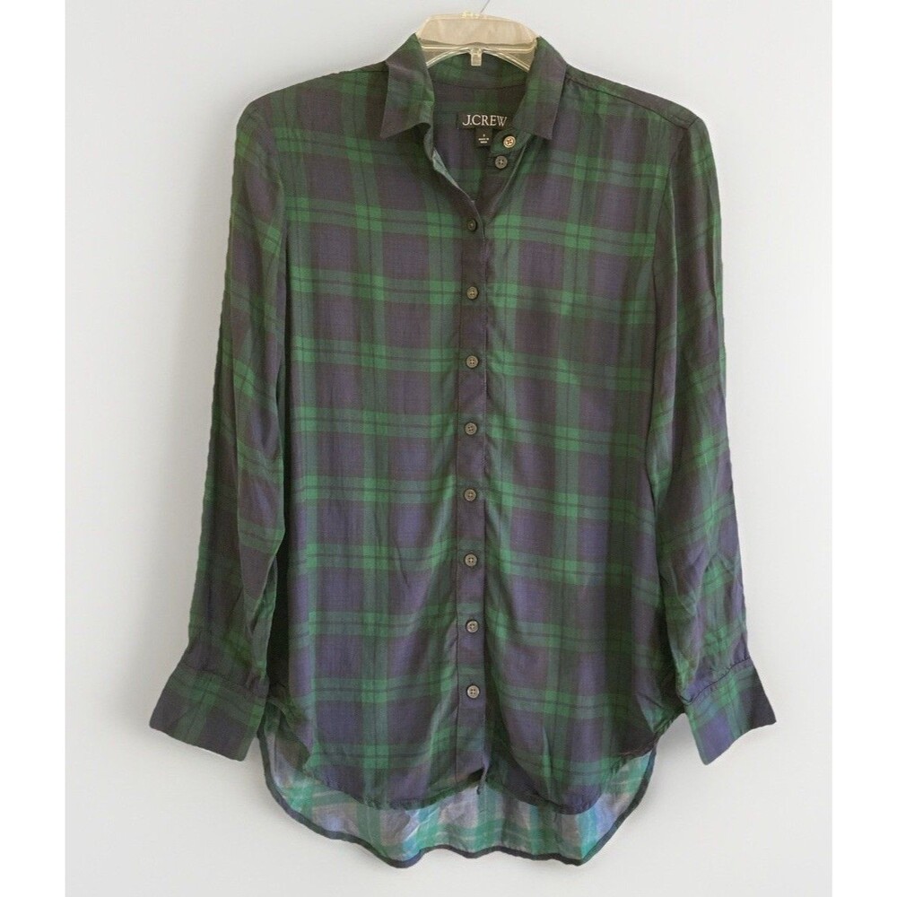 J Crew Women's Size S Heritage Preppy Boy Fit Green Tartan Plaid Silky Shirt